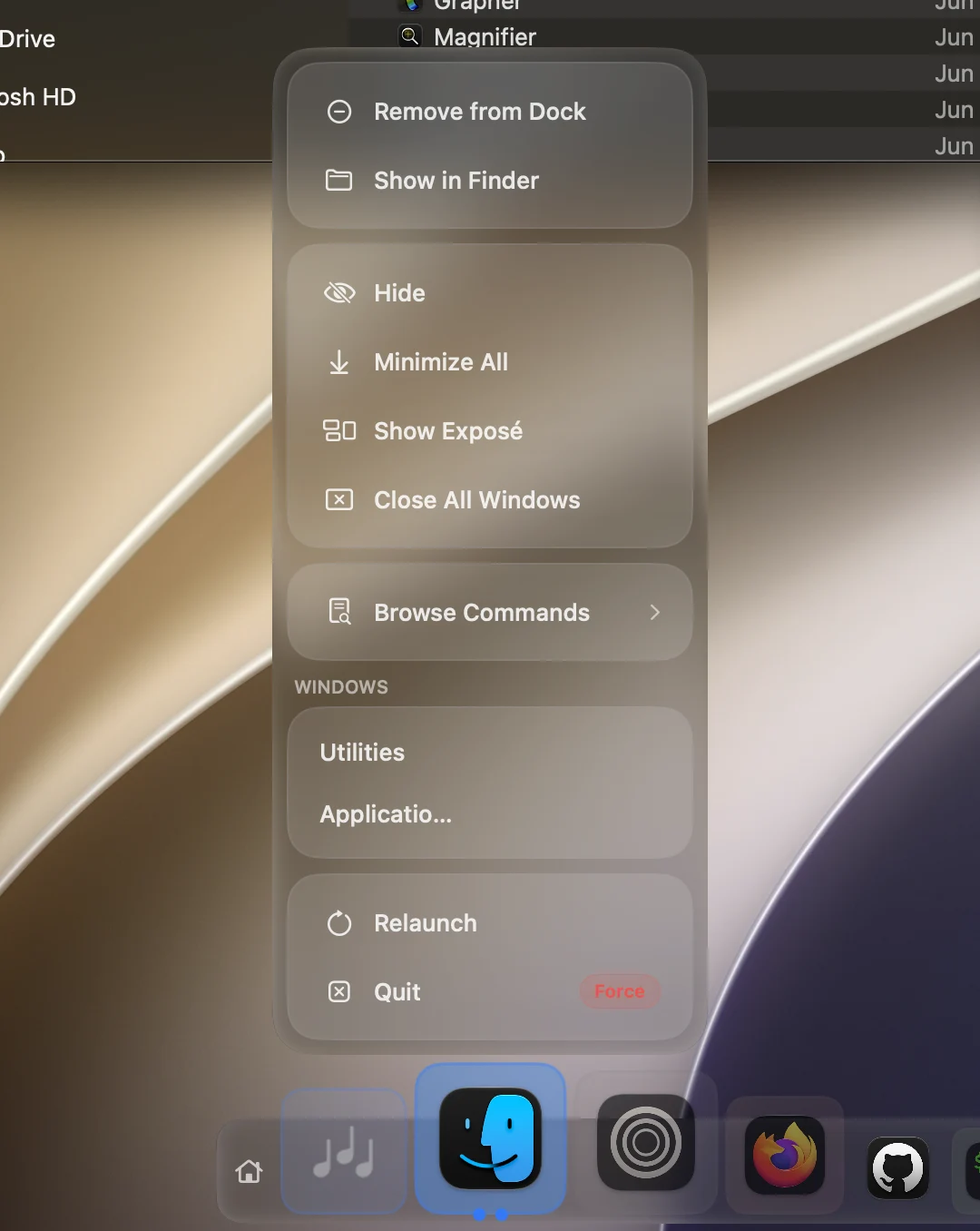 A right-click actions menu on a dock app