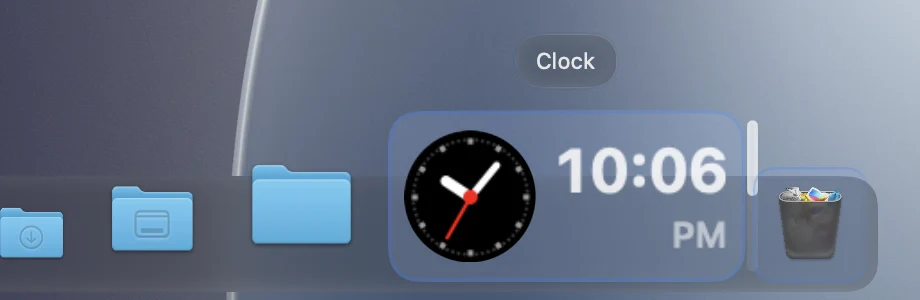 Clock, weather, and battery widgets in the dock