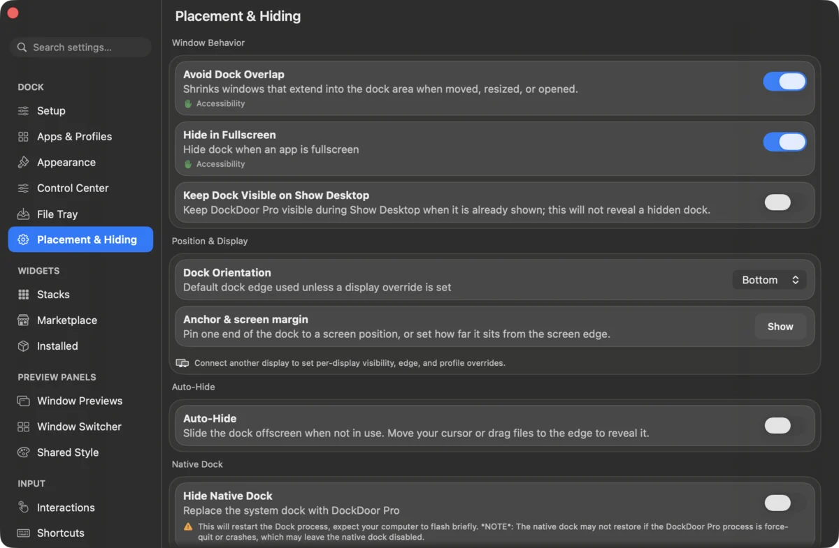 DockDoor Pro settings