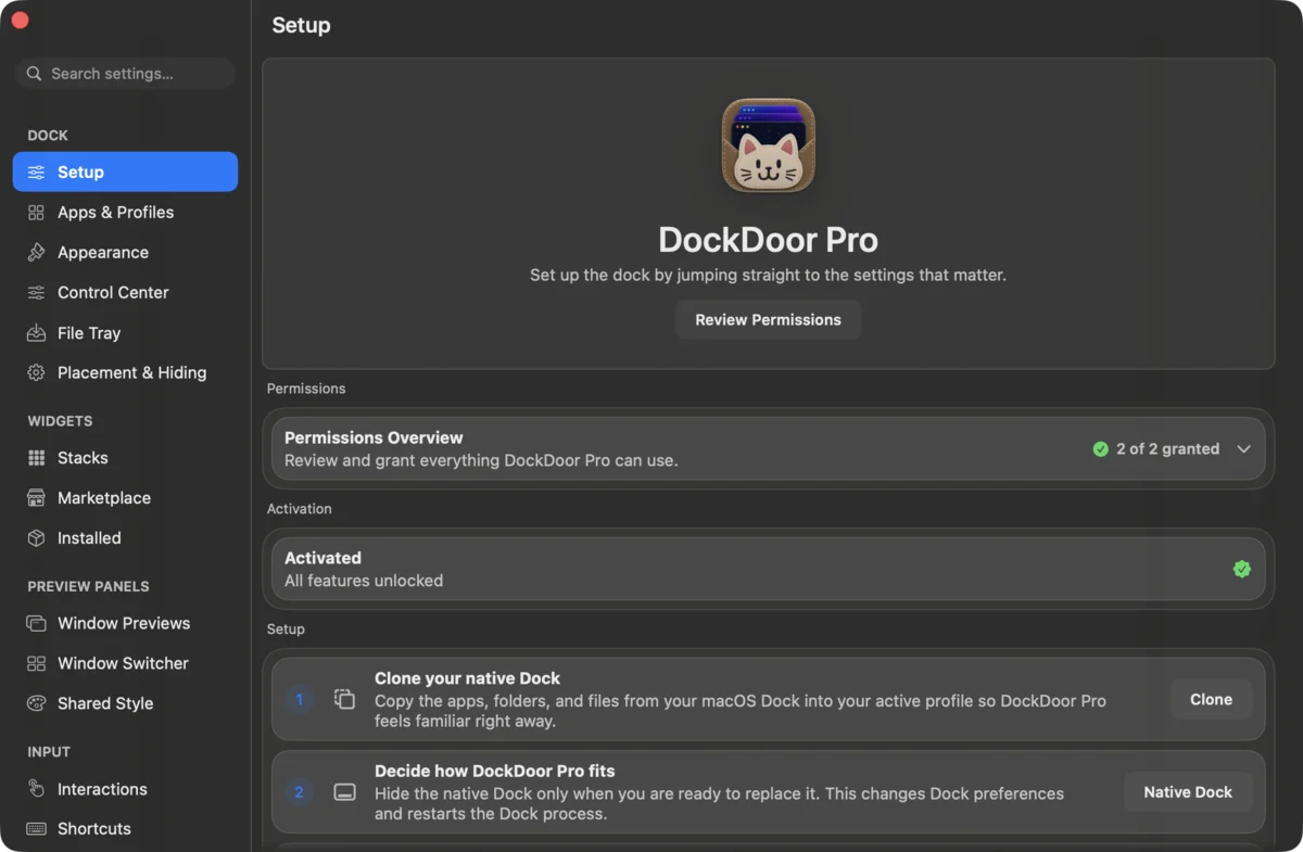 DockDoor Pro settings