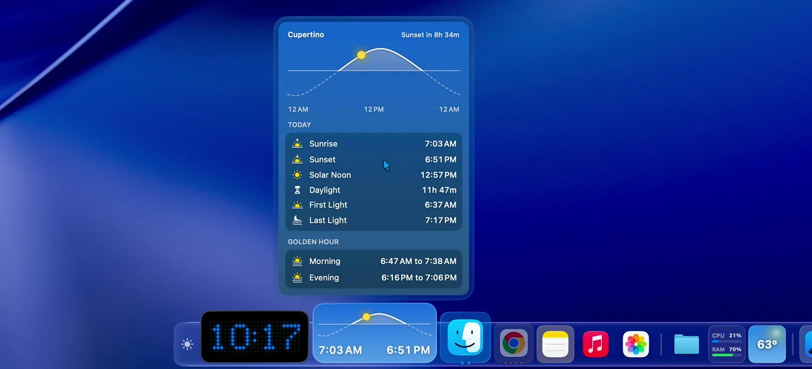 Clock, weather, and battery widgets in the Dock