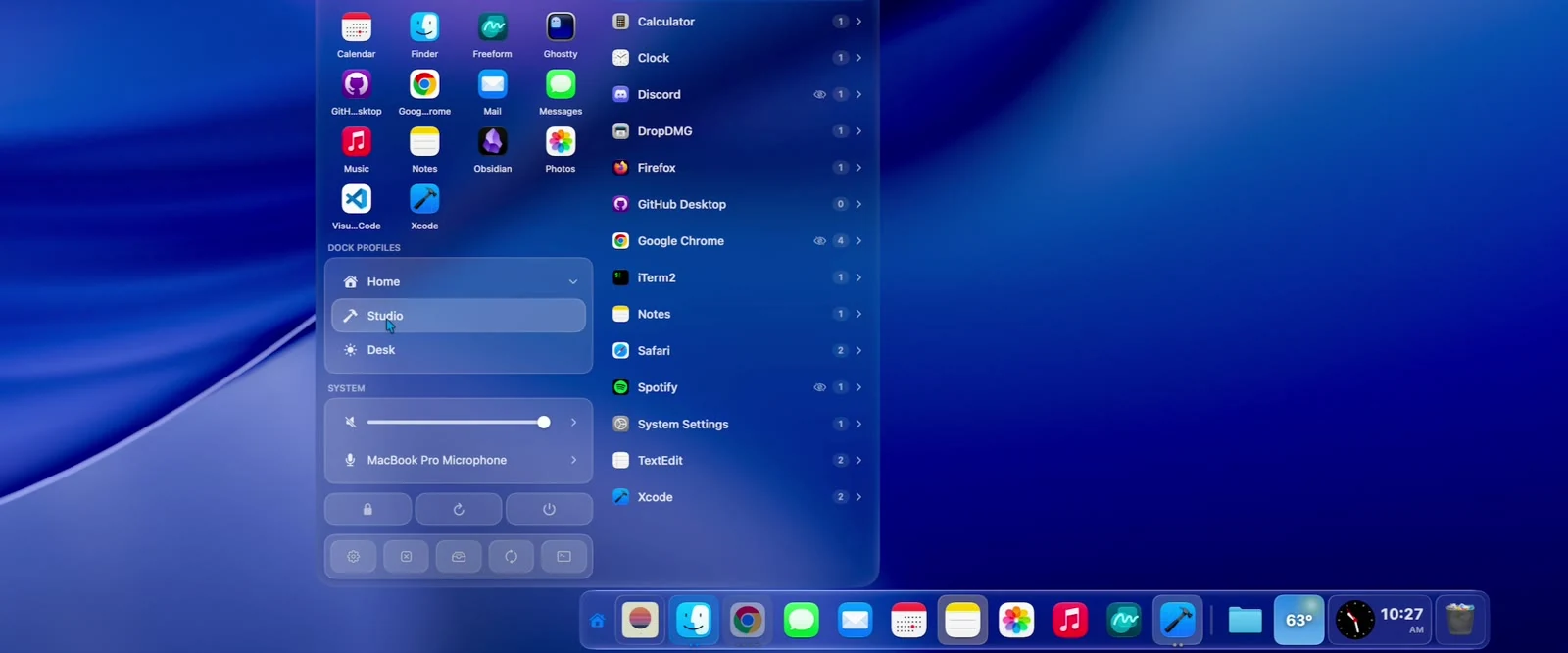 The DockDoor Pro control panel open above the Dock, with search, pinned apps, Dock profiles, system controls and running apps