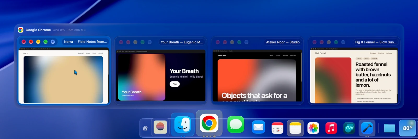 Live window preview cards floating above the Dock
